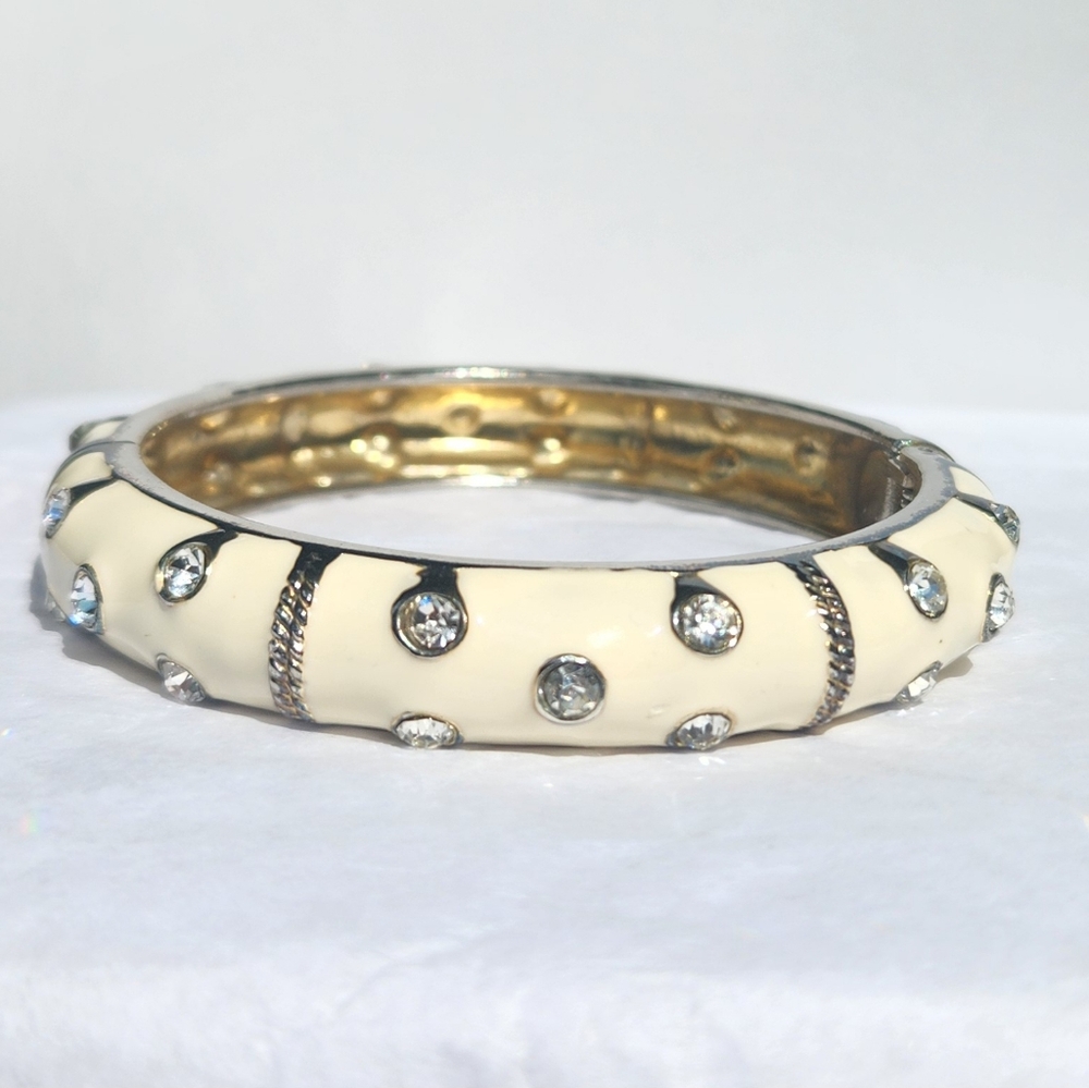 Cream and Gold Tone Hinged Bangle Bracelet with Faux Diamonds.